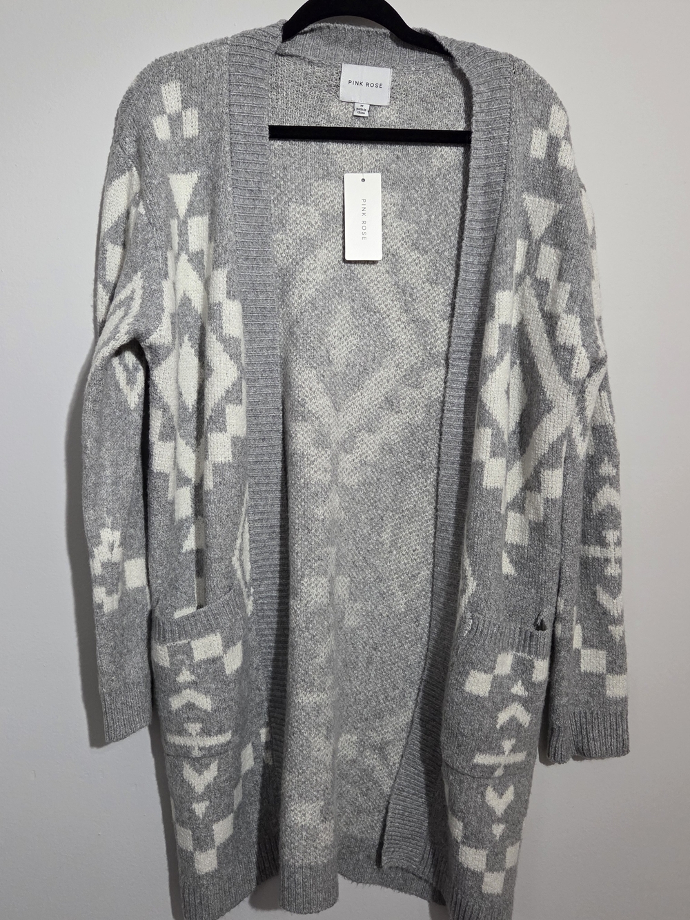 Pink Rose Gray & White Open-Front Geometric Cardigan